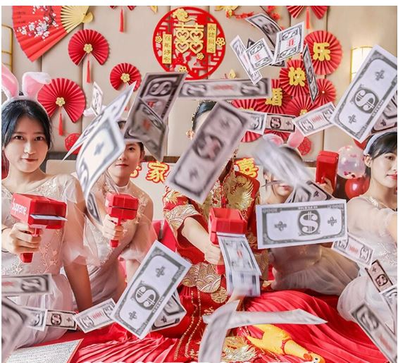 Super Money Machine toy cell/battery operated Money Gun_Paper Spary Machine Toy with 100 Pcs Play Money Cash Party Supplies